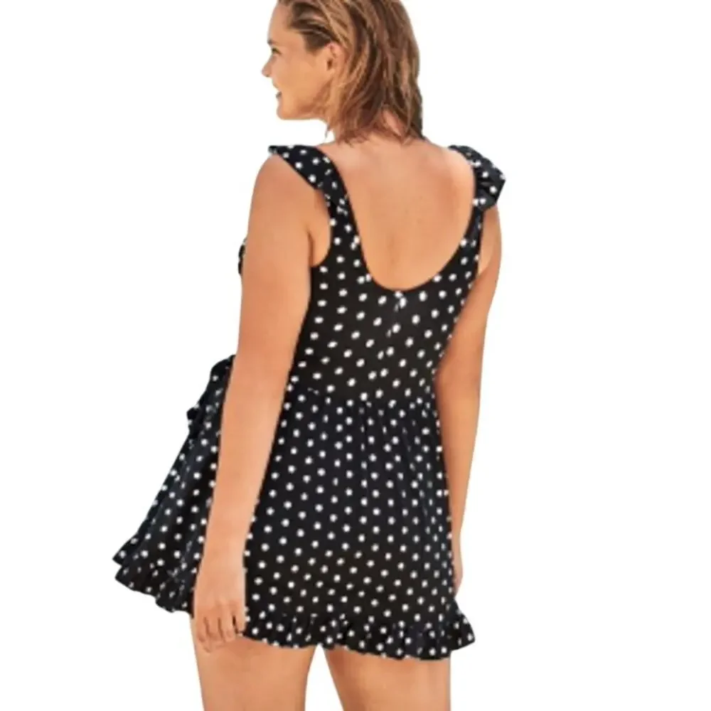 Swimsuits for All Women's Plus Size Faux-Wrap Swim Dress Black White Polka Dot20